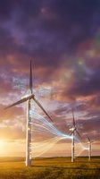 Smart wind turbines with digital connectivity icons and data visualization against dramatic sunset sky for renewable energy technology concepts.