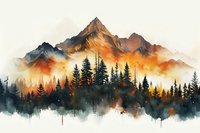 Majestic mountain peak rises above misty pine forest at sunset, watercolor style artwork with orange and blue tones creating dramatic wilderness scene.