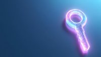 Glowing neon key symbol with pink and blue light effects on dark blue background, digital security concept for technology and access control solutions.