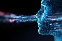 Digital particle profile silhouette with glowing blue light effects against dark background, representing artificial intelligence and technological advancement.