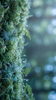 Lush moss and fern covered with morning dew drops on tree bark, nature background for environmental and botanical projects.