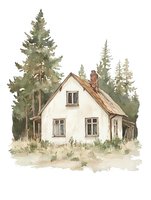 Watercolor countryside cottage with brick chimney surrounded by tall pine trees in forest setting, soft neutral tones create cozy rustic atmosphere.