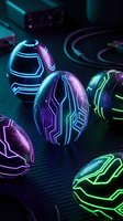 Futuristic neon Easter eggs with glowing circuit patterns in cyberpunk style on dark technological background for modern holiday designs.
