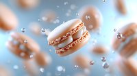 Peach-colored macarons floating in air with water droplets against light blue background, creating dreamy and ethereal mood for food photography and design.