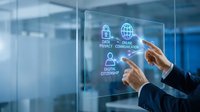 Professional hands interacting with digital privacy and security icons on transparent interface in modern office environment for cybersecurity solutions.