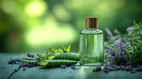 Green glass perfume bottle with fresh herbs and lavender flowers on wooden surface with natural bokeh background for aromatherapy and wellness products.