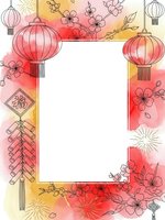 Watercolor frame with red lanterns, cherry blossoms and traditional ornaments for lunar new year celebration design on white background.