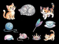 Cute cats and pet accessories isolated on transparent background, ready for t-shirt designs, stickers, clipart, print-on-demand products and sublimation projects.