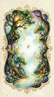 Enchanted forest scene with magical trees, fairy houses and golden ornate frame on textured background for fantasy storytelling and children's book illustration.