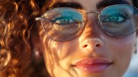 Close up portrait of young woman with curly hair wearing round glasses in warm sunset light, natural makeup and soft smile showing confidence and style.