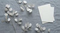 Dried silver lunaria branches and blank white cards on gray linen fabric, flat lay composition for wedding or greeting stationery mockup.