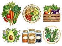 Assorted fresh vegetables, fruits, legumes and herbs arranged in bundles, bowls and wooden crates, isolated on white background for healthy eating and nutrition design projects.