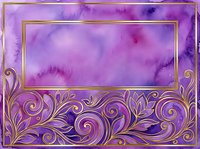 Luxurious purple watercolor background with ornate golden flourish border frame, suitable for invitations, greeting cards, and elegant design projects.