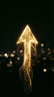 Glowing upward arrow made of golden particles and sparkles against dark background with bokeh lights, symbolizing growth, success, and positive business momentum.