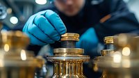 Laboratory technician in blue protective gloves examining metal industrial parts and components on workbench with bokeh light effect in background.