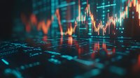 Financial market data visualization with glowing orange and blue candlestick charts reflecting on dark surface, showing stock price movements and trading analysis.