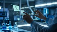 Hands of male professional interacting with holographic display showing data analytics and digital interface in modern tech laboratory environment for innovation and software development.