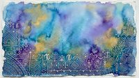 Watercolor abstract background with flowing blue, purple, and golden yellow pigments blending across textured surface, featuring decorative geometric patterns and ornamental borders for artistic design projects.