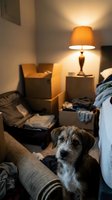 Terrier mix dog with gray and white coat sitting on floor in cozy bedroom with warm lamp lighting, cardboard boxes, and casual home interior setting.