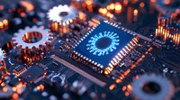 Glowing blue circular pattern on computer processor with mechanical gears and circuit board components in orange and blue tones, macro technology view.