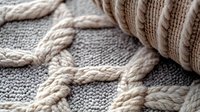 Textured knitted pattern in beige and gray tones showing detailed cable stitch design and woven texture, creating cozy winter fabric surface with soft wool material.