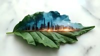 Modern city skyline creatively composed within green leaf shape, combining urban architecture with nature elements, sunrise light illuminating buildings.