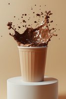 Dynamic chocolate milk splash bursting from disposable cup on white pedestal against beige background, creating dramatic crown-shaped liquid explosion with droplets.