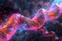 Glowing abstract DNA strand with vibrant pink and orange colors floating in cosmic space surrounded by particles and nebula effects, science background concept.