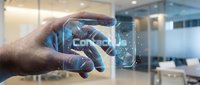 Businessman hand holding futuristic holographic interface with digital technology concept in modern office environment for innovation presentations.