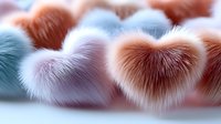 Soft fluffy hearts in pastel pink, blue and coral colors with furry texture create romantic dreamy background pattern for Valentine's day designs and love concepts.