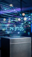 Futuristic digital clock displaying time with holographic interface and streaming data code in cyberpunk style technology background for sci-fi concepts.
