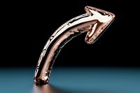 Metallic rose gold curved arrow pointing upward on dark background, glossy reflective surface with dramatic lighting. Suitable for business growth concepts.