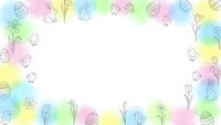 Watercolor Easter frame with hand drawn eggs, bunnies and spring flowers on white background for greeting cards and seasonal designs.