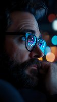 Close-up portrait of bearded man in glasses with neon city lights reflection, dark moody atmosphere with bokeh effects creating cyberpunk aesthetic.