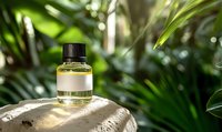 Essential oil bottle on stone against lush tropical greenery background, showcasing natural aromatherapy product in organic spa setting.