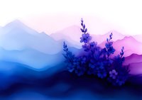 Dreamy mountain landscape at sunrise with silhouettes of purple wildflowers in foreground against misty blue and pink peaks, creating serene nature scenery.