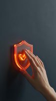 Hand touching glowing neon shield with heart symbol on dark background, representing protection, security, healthcare, and safety concepts for design projects.