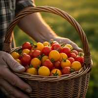 Fresh colorful cherry tomatoes in wicker basket held by farmer hands during golden hour harvest time in organic garden for healthy cooking and farm market.