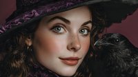 Young witch woman with black raven bird companion wearing purple hat for Halloween fantasy portrait magic spells mystical gothic dark arts occult.