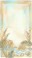 Vintage coastal frame with golden double border, palm fronds, ocean waves, and seashells on aged cream background. Suitable for invitations, greeting cards, and tropical design projects.