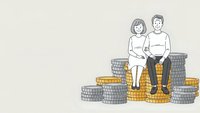 Young couple sitting on stacks of coins representing financial planning, investment growth and wealth building for future goals and retirement savings.