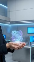 Businessperson holding glowing digital globe hologram in modern tech office with blue neon lighting and computer screens, representing global connectivity and innovation.