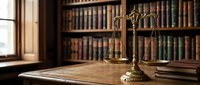 Golden scales of justice on wooden desk in traditional law library with vintage leather-bound books creating professional legal atmosphere for attorneys and courts.