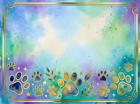 Watercolor paw prints and botanical elements on gradient background with gold ornamental frame border, suitable for pet-related designs and animal-themed projects.