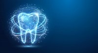 Digital tooth with glowing particles and orbital rings on blue gradient background for dental technology and healthcare innovation concepts.