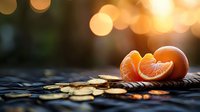 Fresh peeled tangerine segments and whole citrus fruit on dark textured surface with golden bokeh lights and scattered coins creating atmospheric composition.