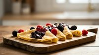 Golden crepes filled with sweet cream topped with fresh raspberries and blackberries on rustic wooden board in modern kitchen setting.