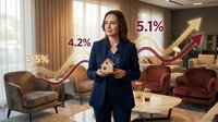Woman in dark blazer presenting financial growth statistics with upward trending arrows and percentage symbols in modern office lounge setting for business presentations.