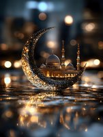 Glowing crescent moon with illuminated mosque reflecting on water surface amid magical bokeh lights, creating atmospheric Ramadan celebration scene.