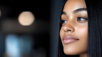 Young African American woman with flawless glowing skin and natural makeup looking up thoughtfully against blurred dark background with bokeh lights. Professional beauty portrait.